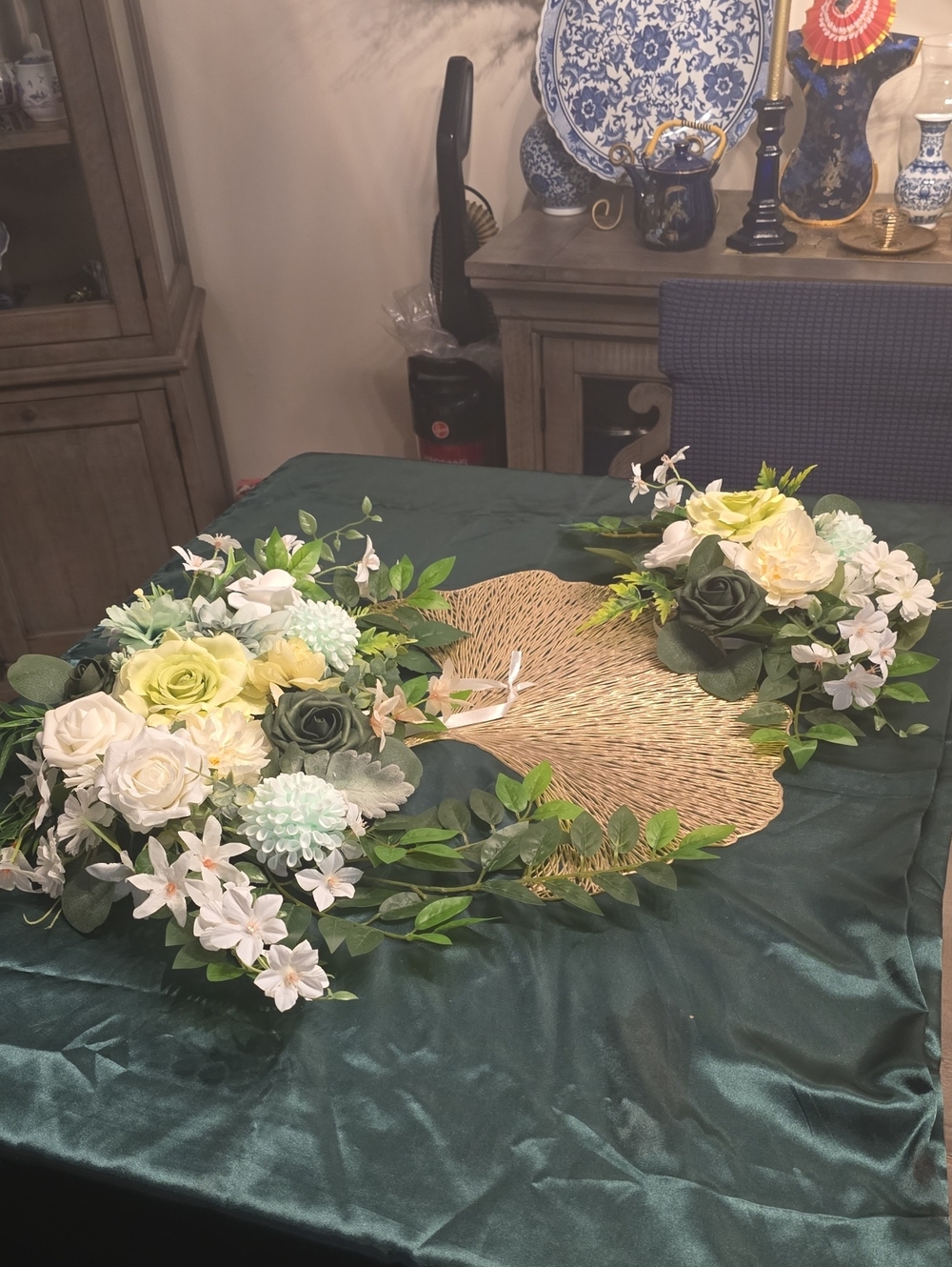 Handcrafted Green and Cream Floral Table Runner by